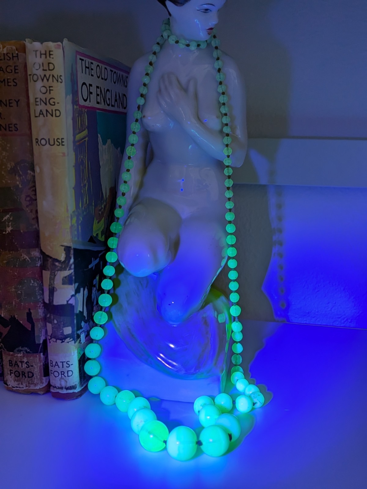 Antique Uranium Glass Long Bead Necklace-Bohemian Czech Glass-Glows by UV Light
