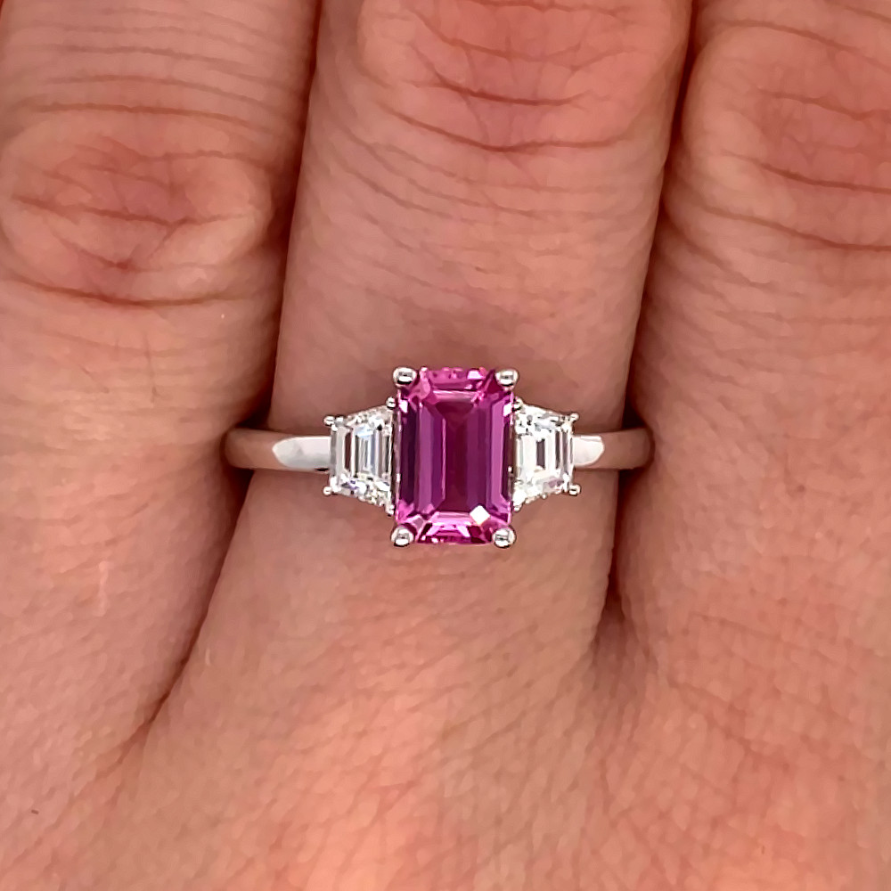 14K White Gold Wedding Ring Lab Created Pink Sapphire Diamond 2.80 Carat Emerald
