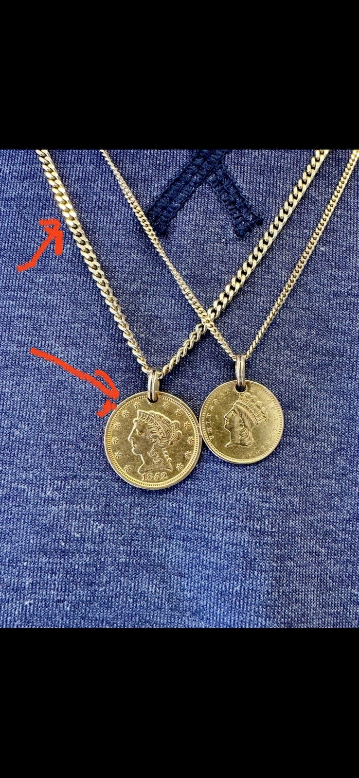 22 Inch 14kt Jacoje Baby Curb 2.4mm Gold Chain With 1852 $2.50 Gold Coin