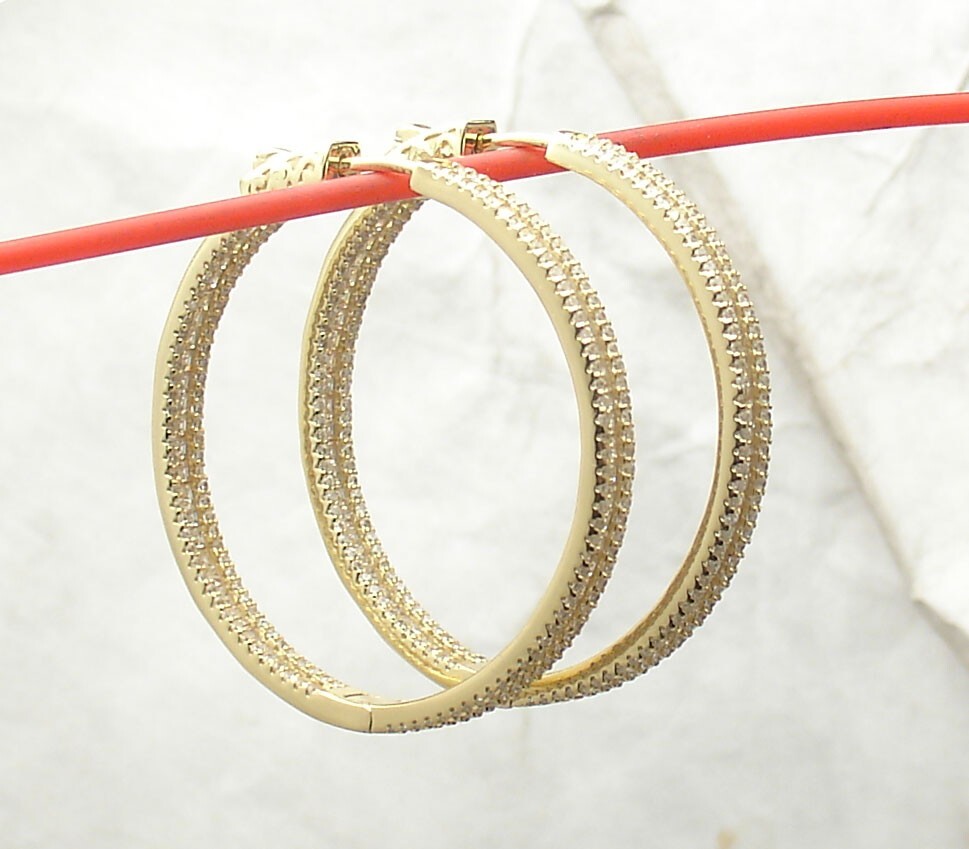 1.5″ Inside Out Pave Baguette CZ Hoop Earrings 14K Yellow Gold Plated Silver