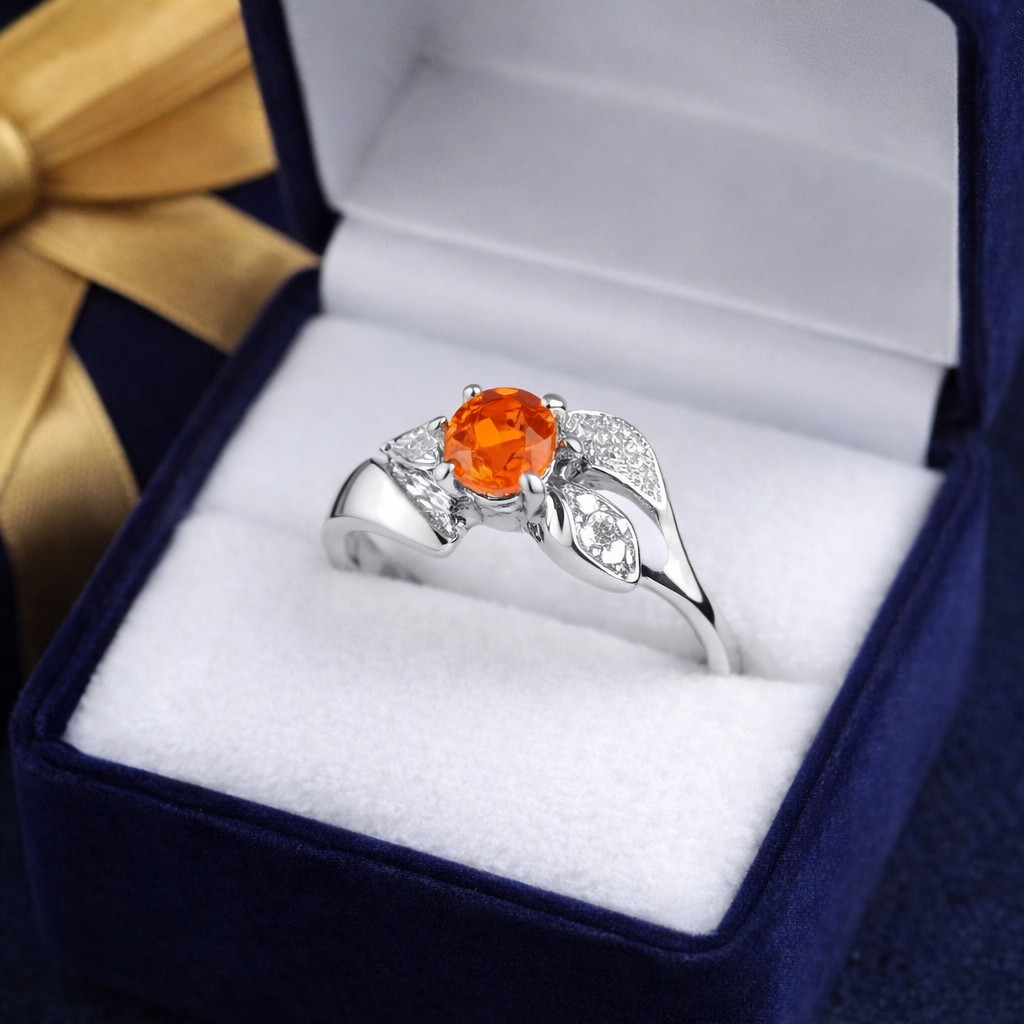 GENUINE 0.72 Cts PADPARADSCHA SAPPHIRE & DIAMOND RING 10K WHITE GOLD – NWT