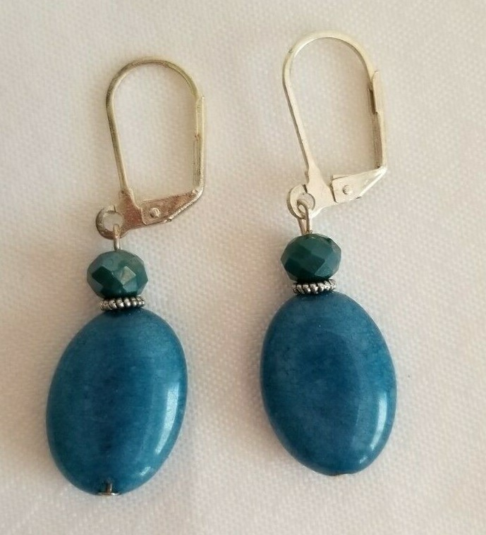 Handmade in USA. Nice Blue Oval Jade earrings – FREE SHIPPING!