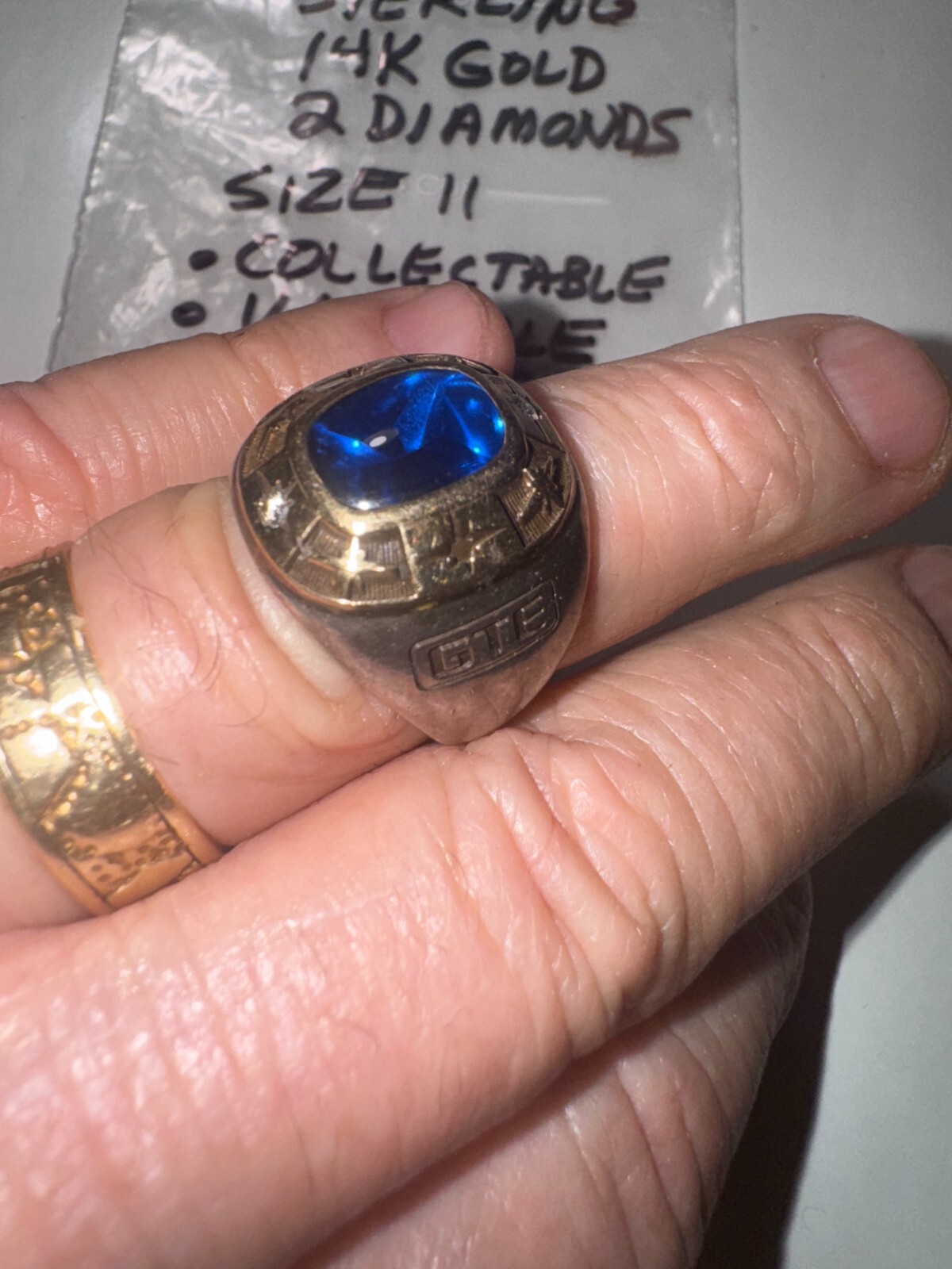 GTE Service Ring: Sterling & 14K Gold w/2 Diamonds & Blue Stone Very Cool SS-137