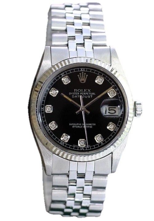 Rolex Datejust Automatic Chronometer Black Dial Diamond Fluted Bezel Date