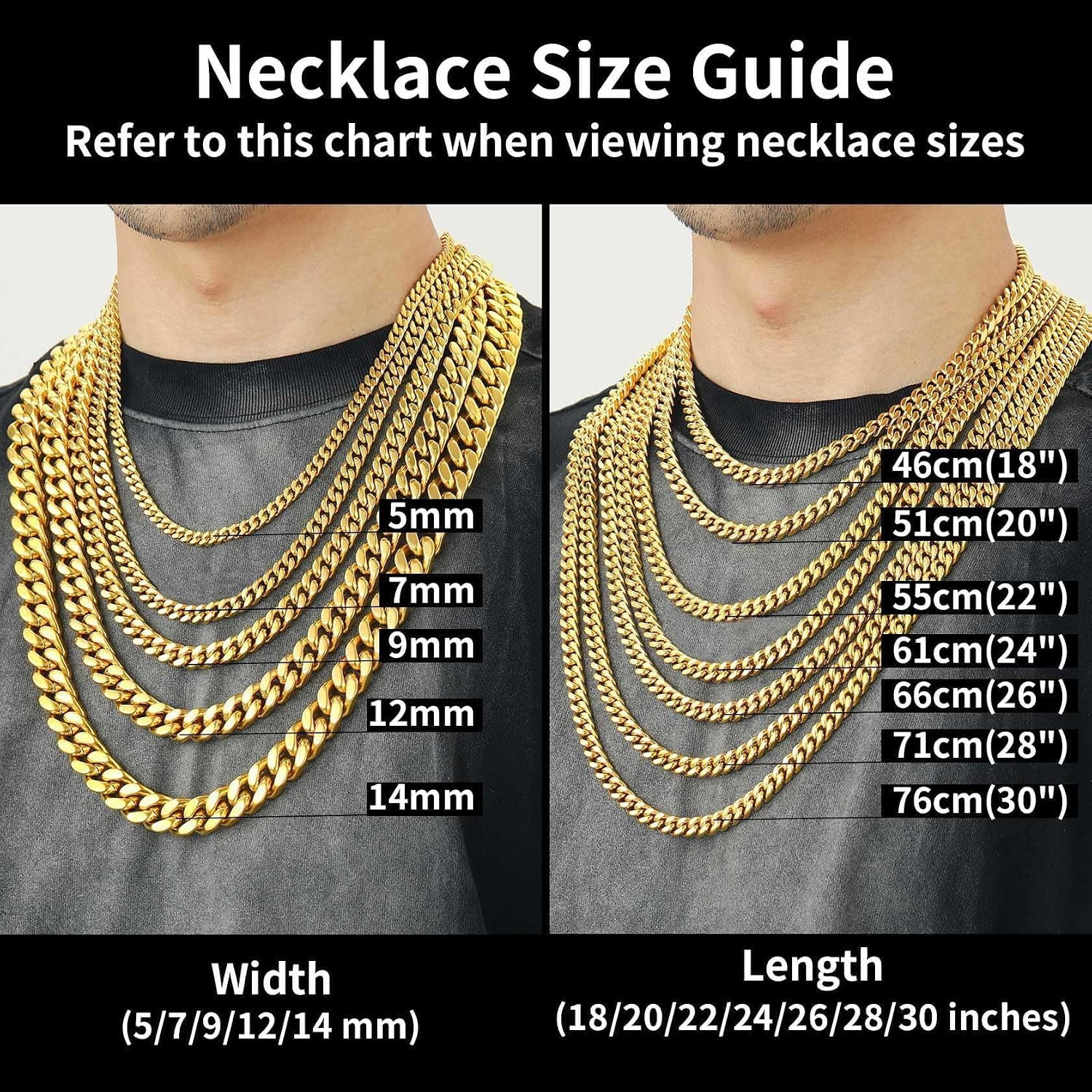 Stainless Steel Mens Cuban Link Chain, Black/ 18K Gold Plated Miami Cuban Chain