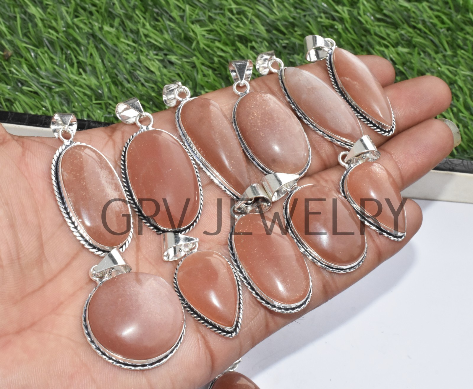 1-500 Pcs Peach Moonstone Pendant Wholesale Lot Bulk: Silver Plated WH-36