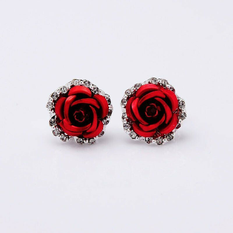 Love Fashion Women Lady Rose Flower Crystal Rhinestone Pierced Ear Stud Earrings
