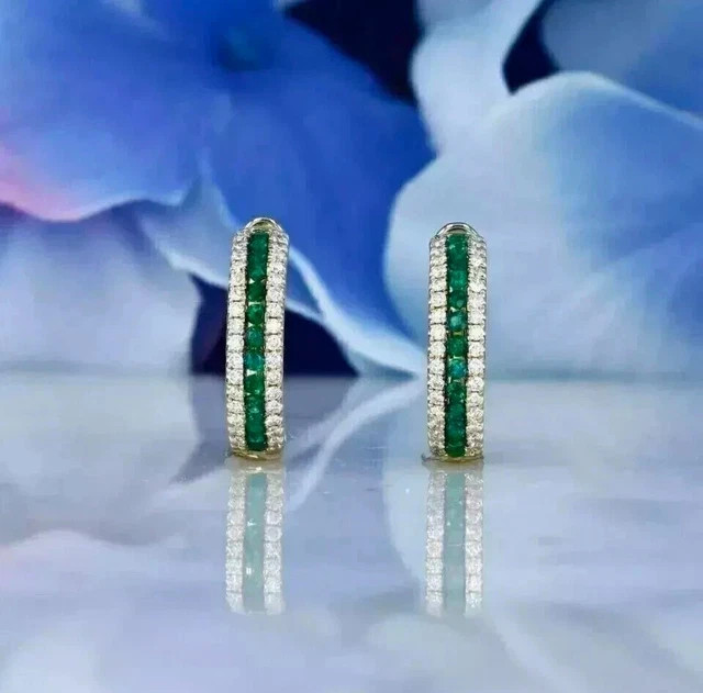Emerald 2Ct Round Cut Hoop/Huggie Lab-Created Earring 925 Sterling Silver Plated