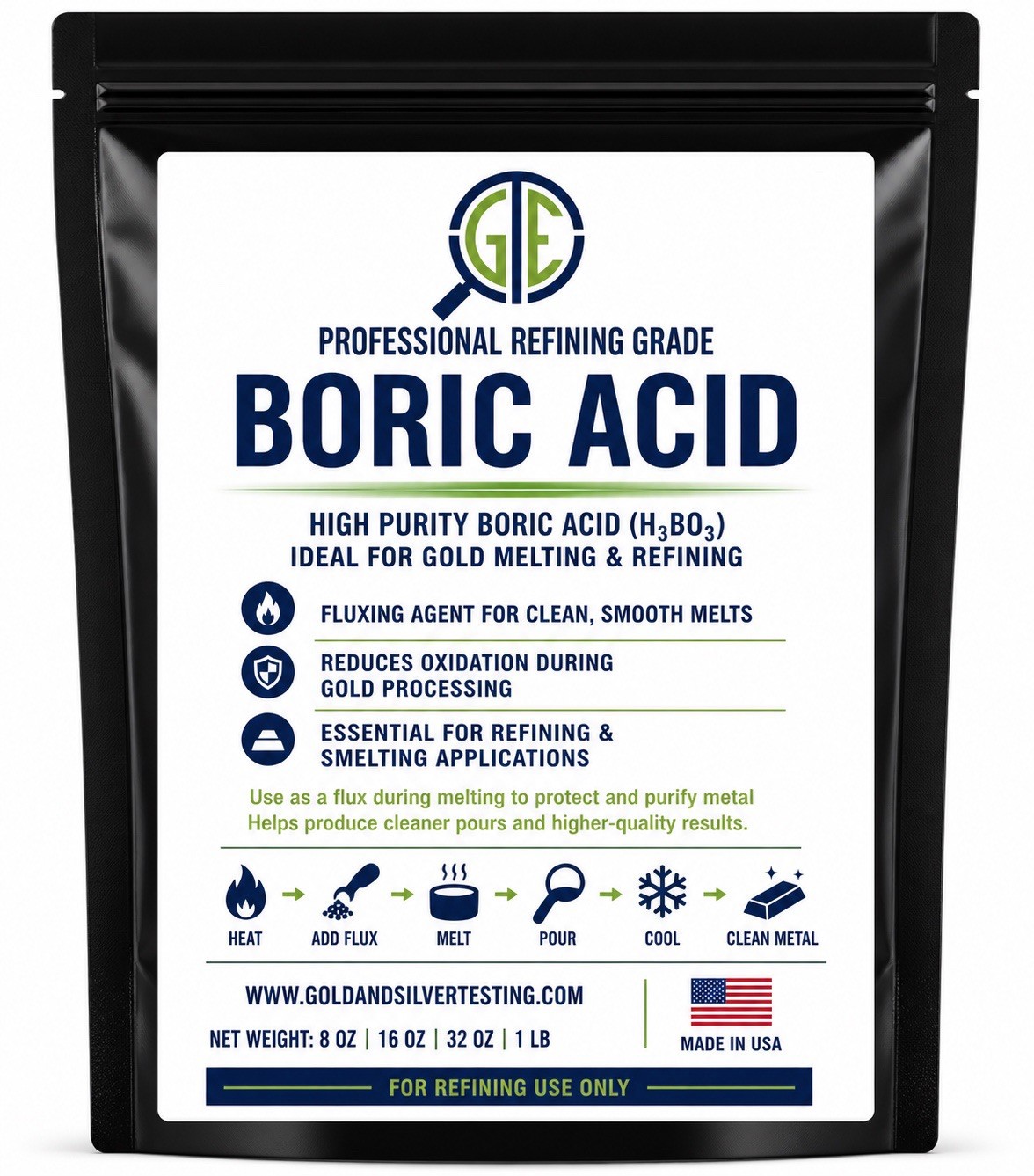 Boric Acid 1 lb 99% Pure Powder Flux Gold Silver E-Waste Metal Refining Melting