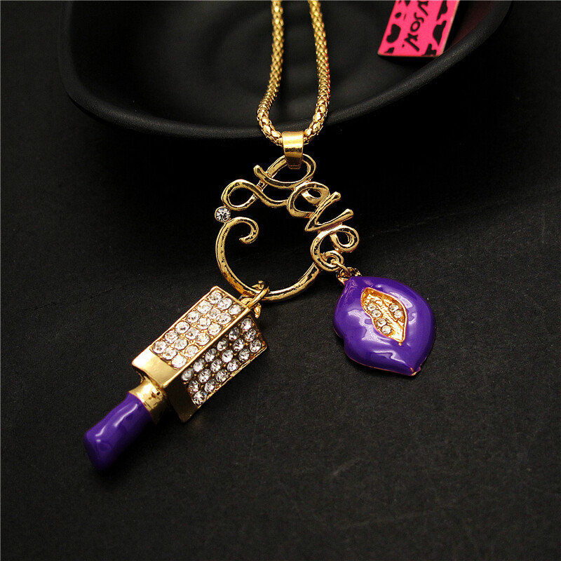 Fashion Women Love Purple Enamel Lips Lipstick Crystal Pendant Chain Necklace