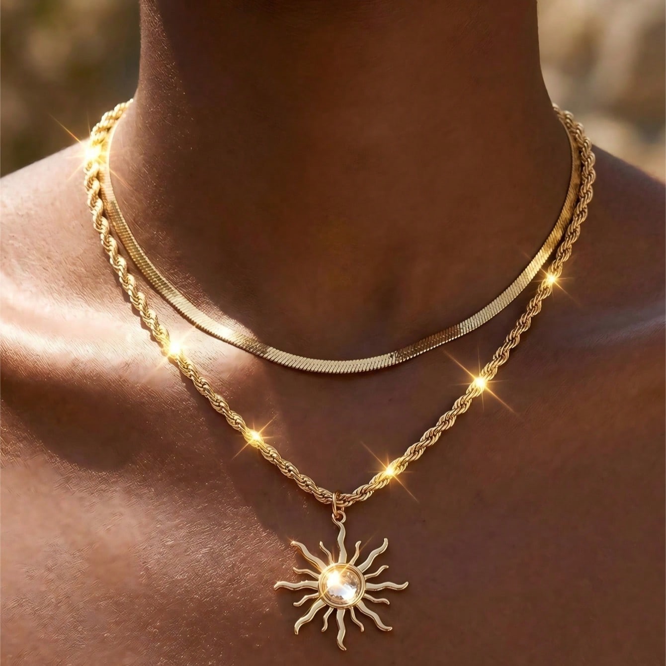 Minimalist Gold Sun Pendant Necklace Double Layer Chain Herringbone Choker
