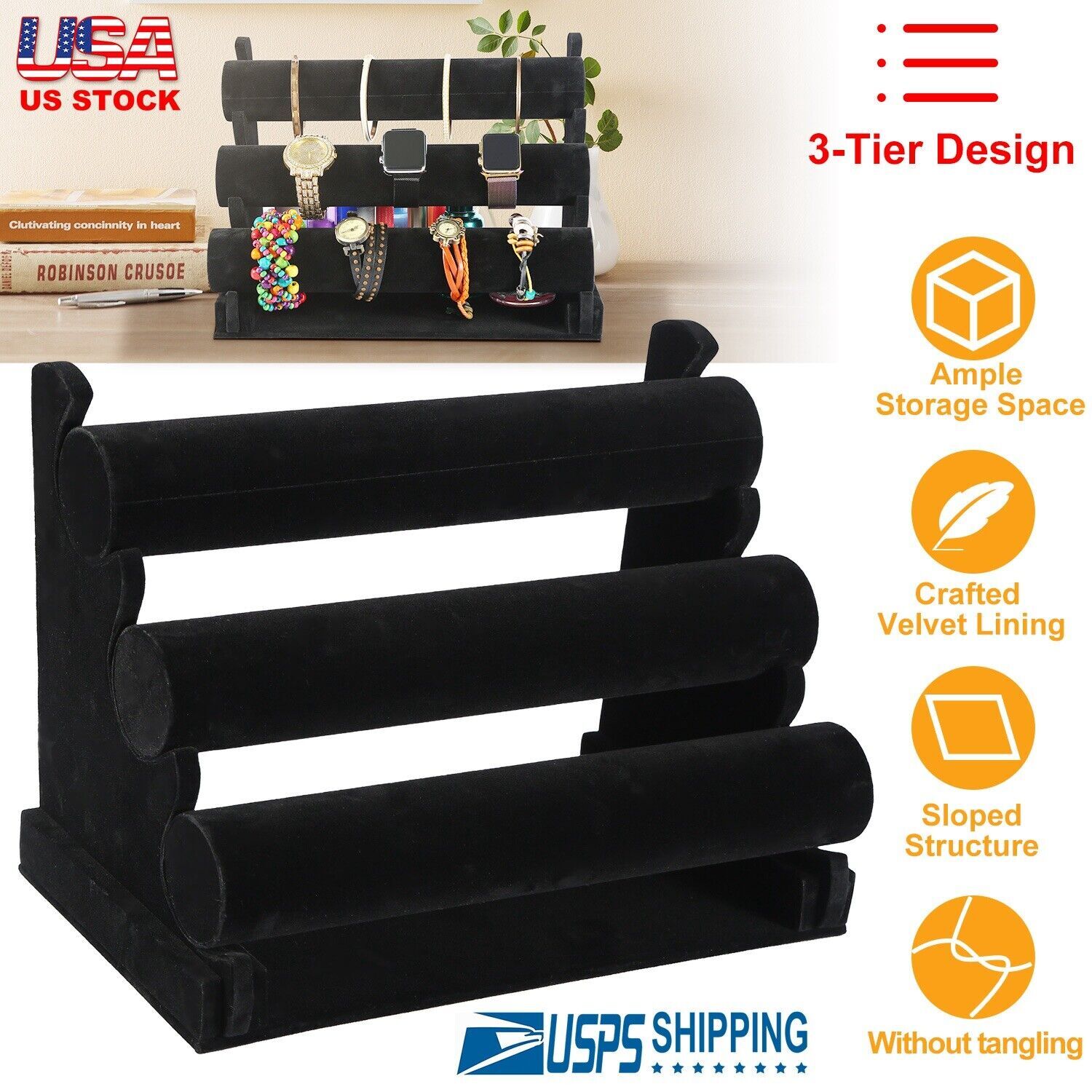 3-Tier Bracelet Display Stand Watch Holder Velvet Jewelry Bangle Rack Organizer