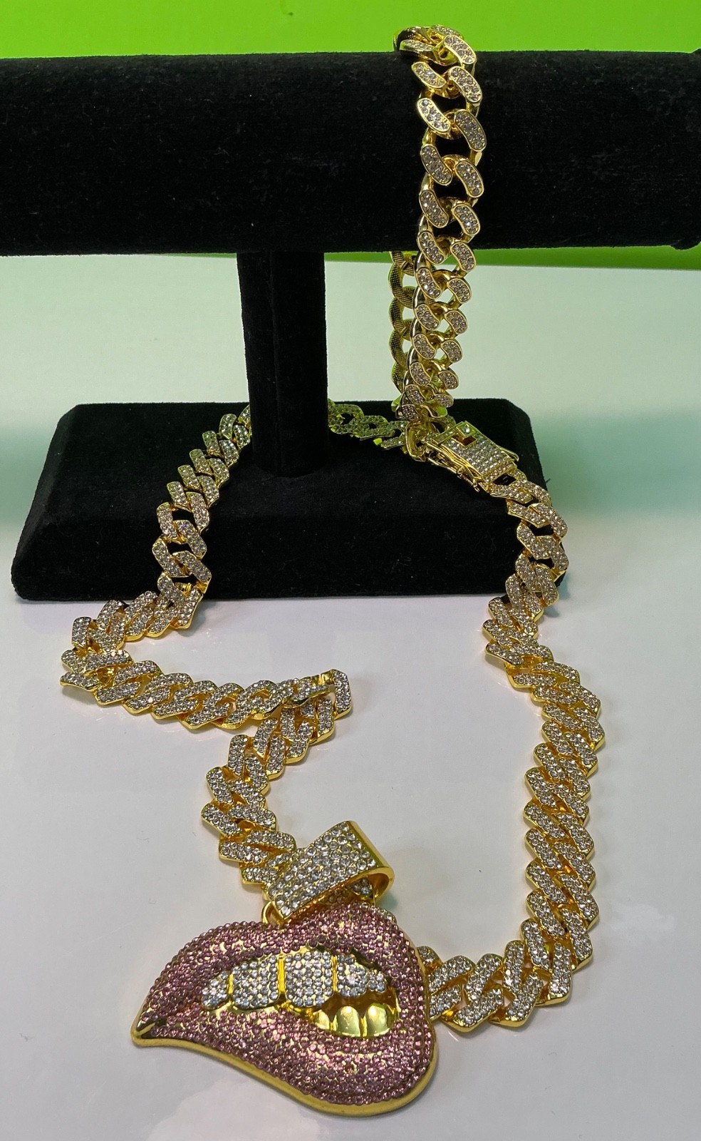 Biting Lip Pendant Necklace Bracelet Lot Hip Hop Iced 20” Inches CZ Chain Cuban