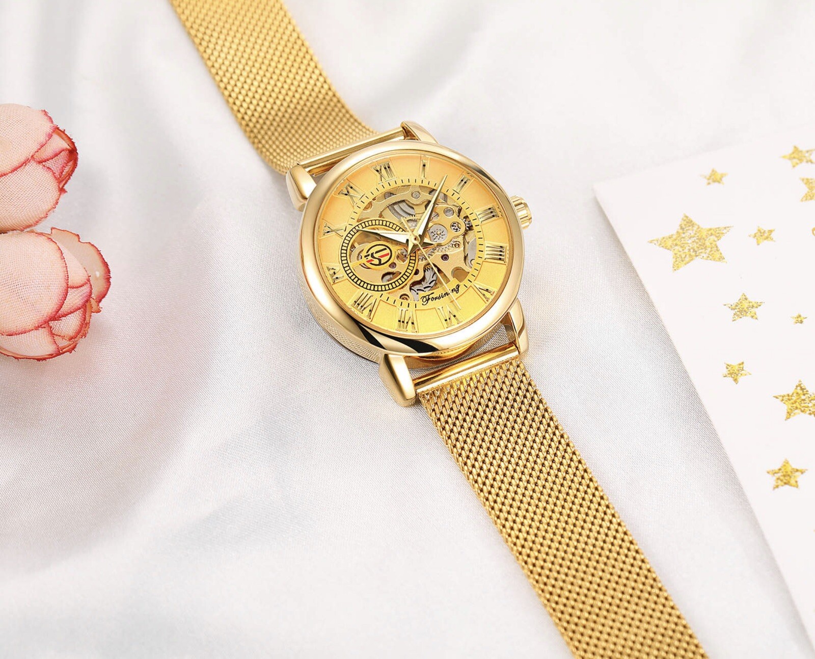 Forsining Womens Automatic Transparent Skeleton Luxury Watch Mesh Band Gift Idea
