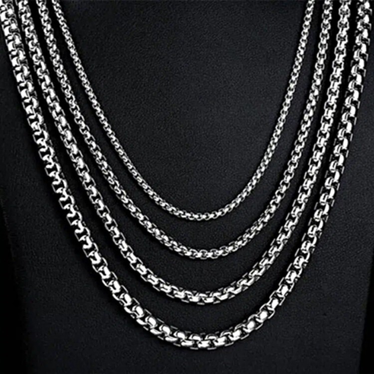 Round Box Chain Stainless Steel Necklace Silver Men Women 16″-32″