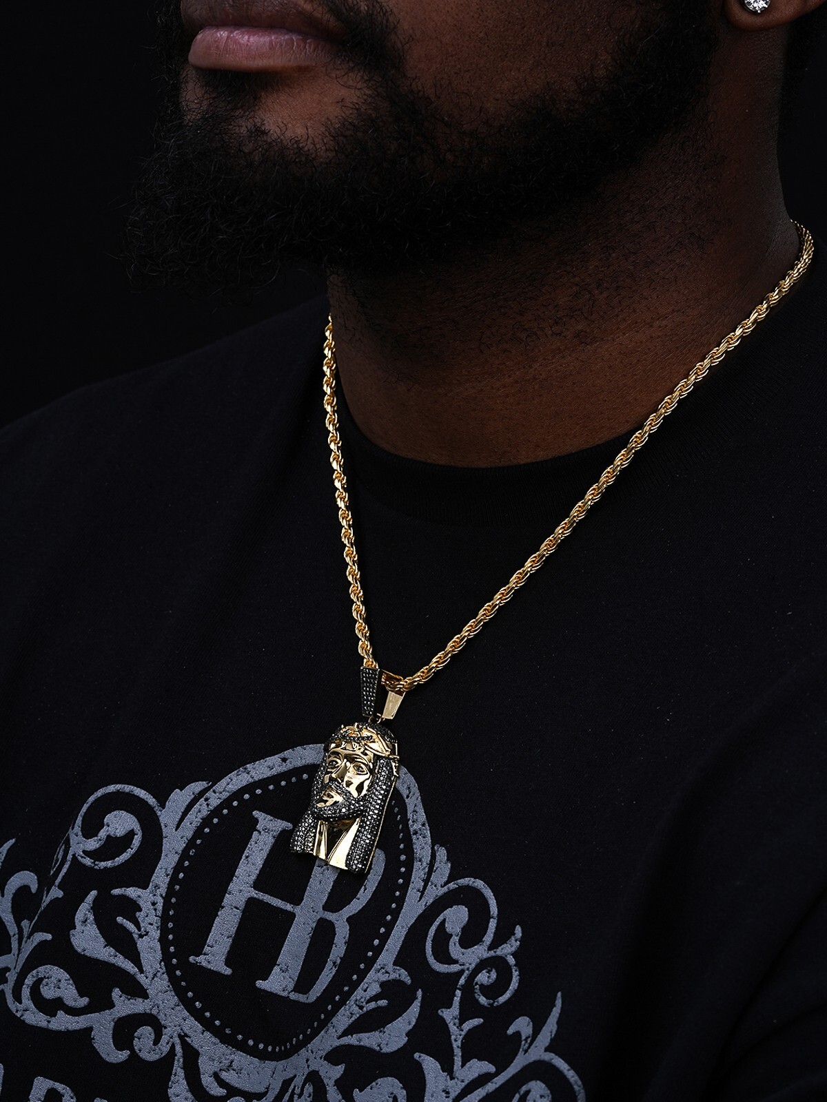 Black MOISSANITE 14k Gold Vermeil 925 Silver Iced Jesus Piece Pendant Necklace
