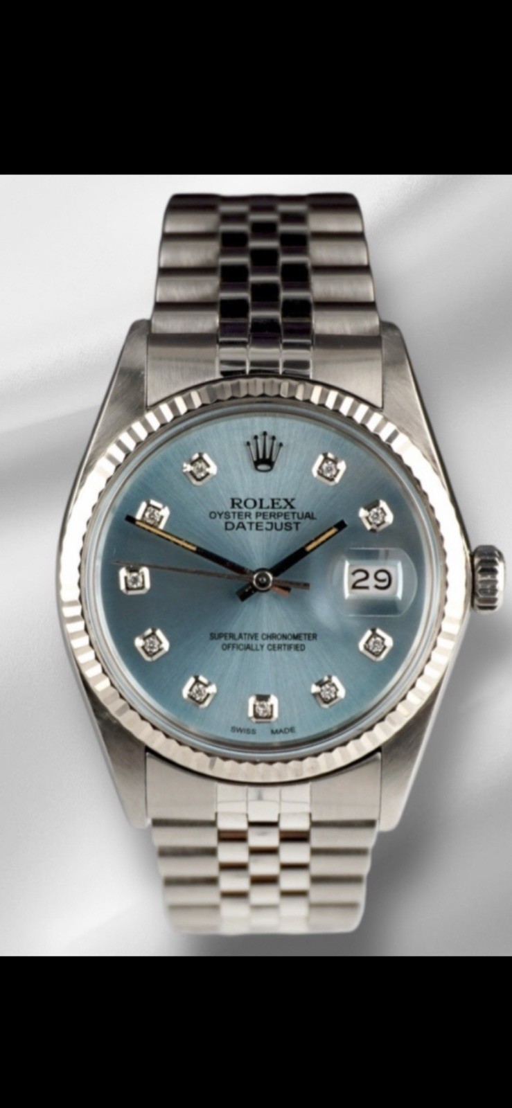 Rolex Datejust Auto Blue Dial Diamond Markers Jubilee Fluted Box Manual