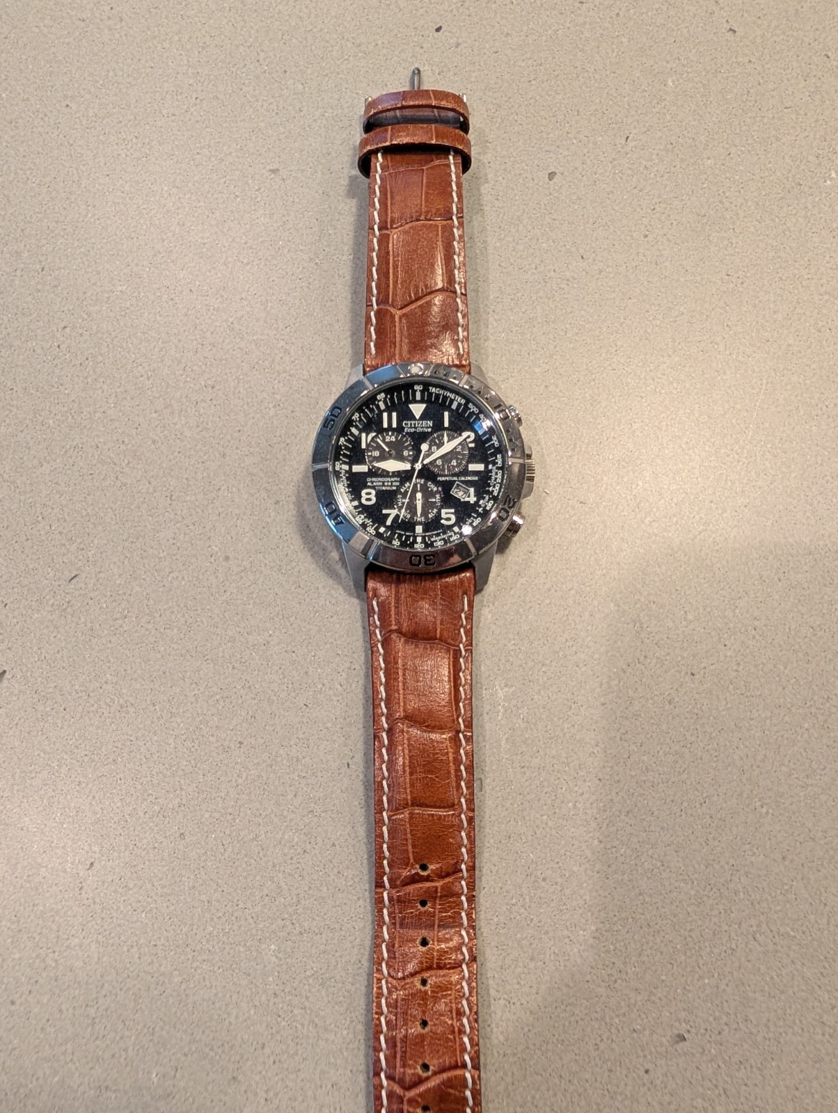 Citizen Eco-Drive Chronograph Perpetual Calendar 200m Blue Dial Brown Leather