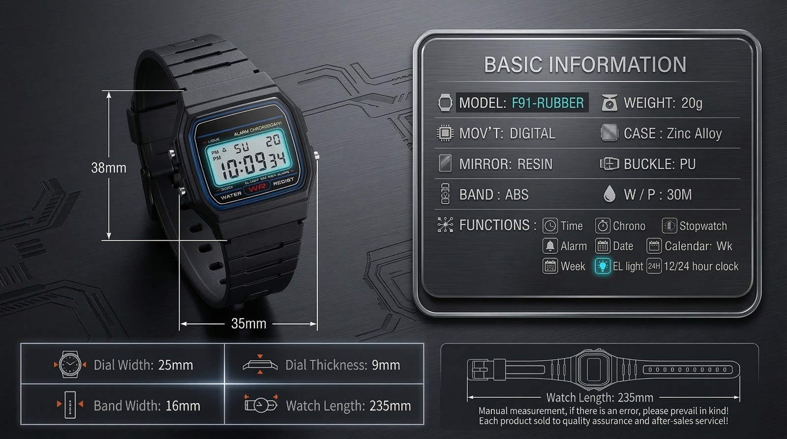 F91W Classic Digital Watch Resin Strap Stopwatch Chronograph Sport Men
