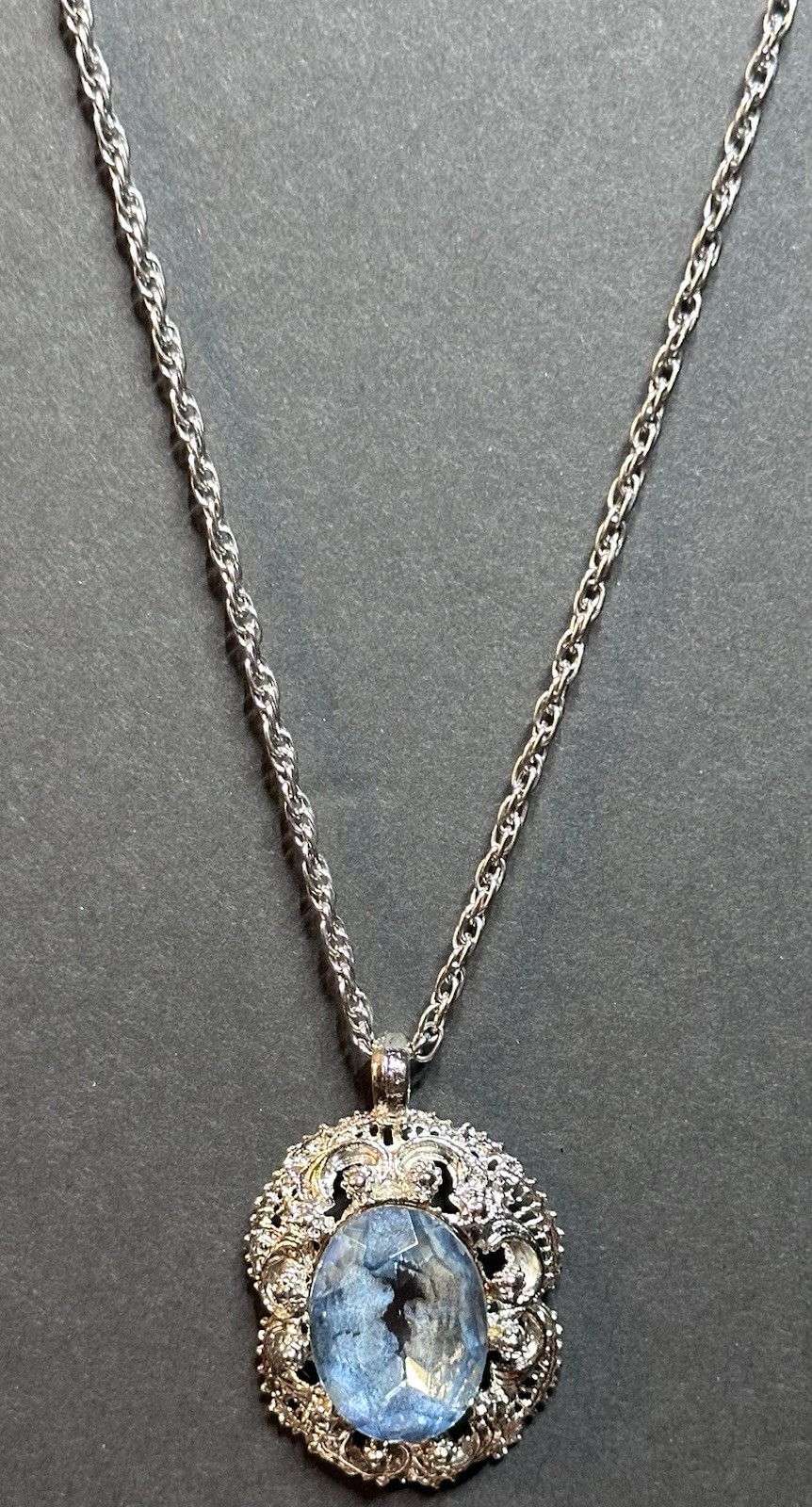 Vintage Silver Foil Back Aquamarine Rhinestone Pendant Rope 24” Chain Necklace