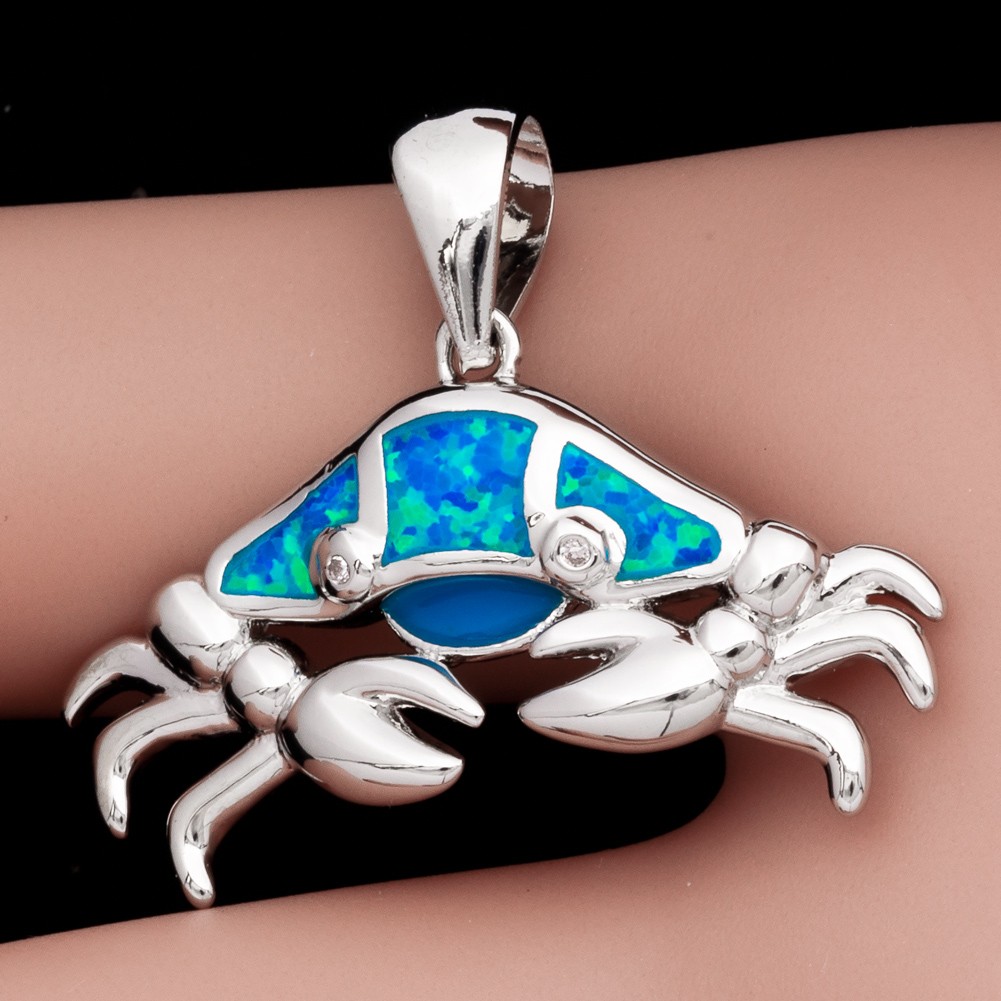 Beach Crab Ocean Blue Fire Opal Holiday Silver Jewelry Women Necklace Pendant