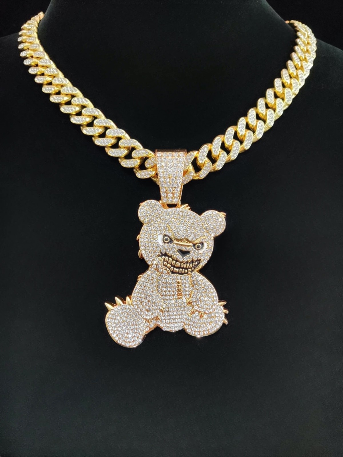 Iced Out Evil Bear Hip Hop Pendant Necklace Cuban Link Chain Bling Silver Gold