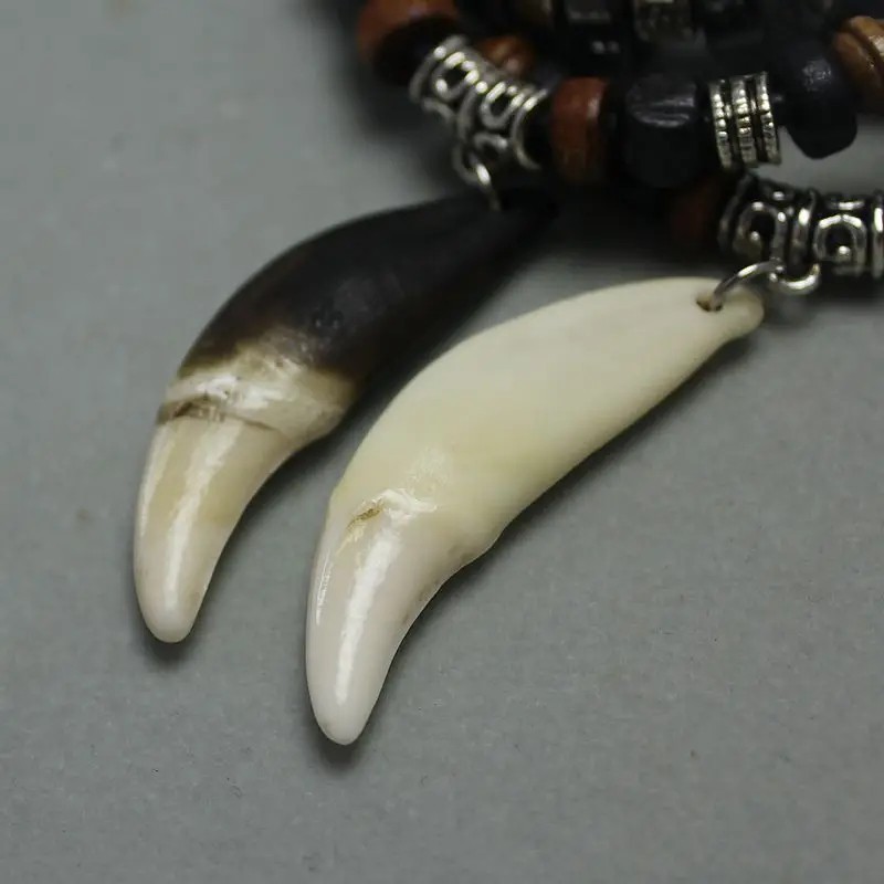 Vintage Men’s Wolf Tooth Pendant Necklace – Leather Beaded Woven Prayer Jewelry