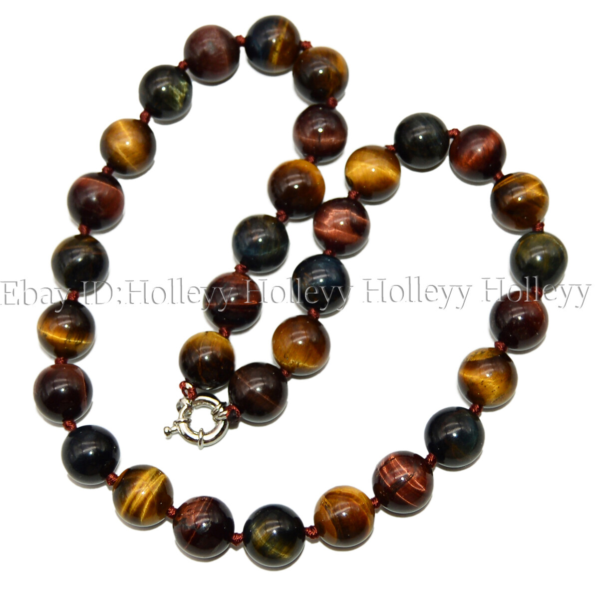 12mm Round Genuine Natural Multicolor Tiger’s Eye Gemstone Beaded Necklace 24”