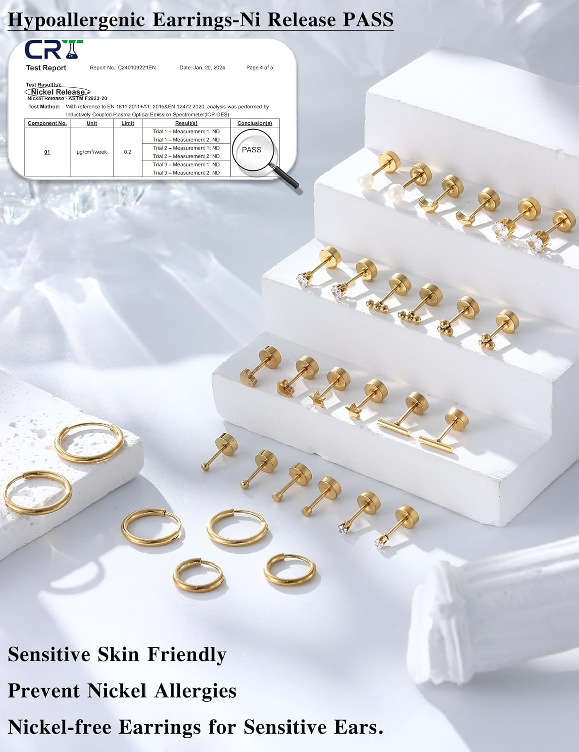 Small Hypoallergenic Flat Back Stud Earrings for Women Men 14K Gold Plated Surgi