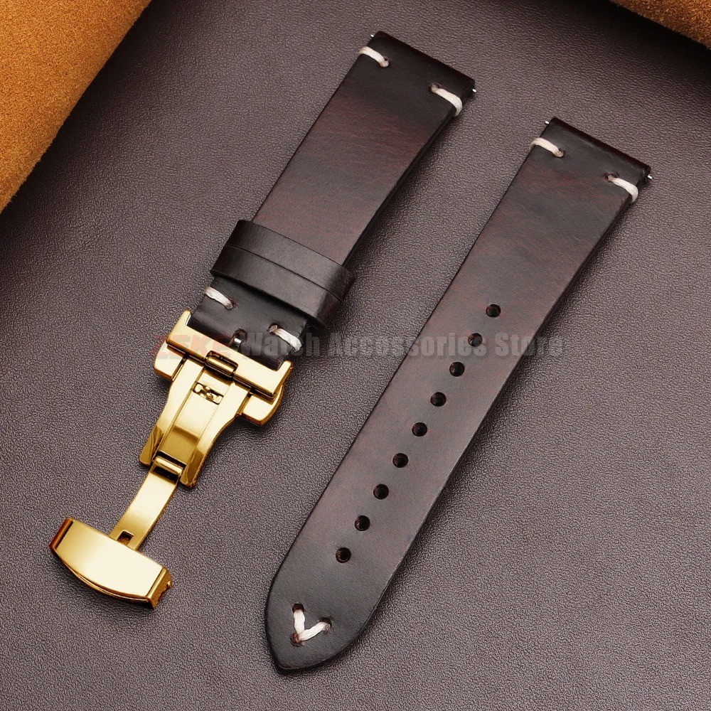 Genuine Leather Butterfly Buckle Watch Bands 18/20/22mm Waterproof Retro Oil Wax