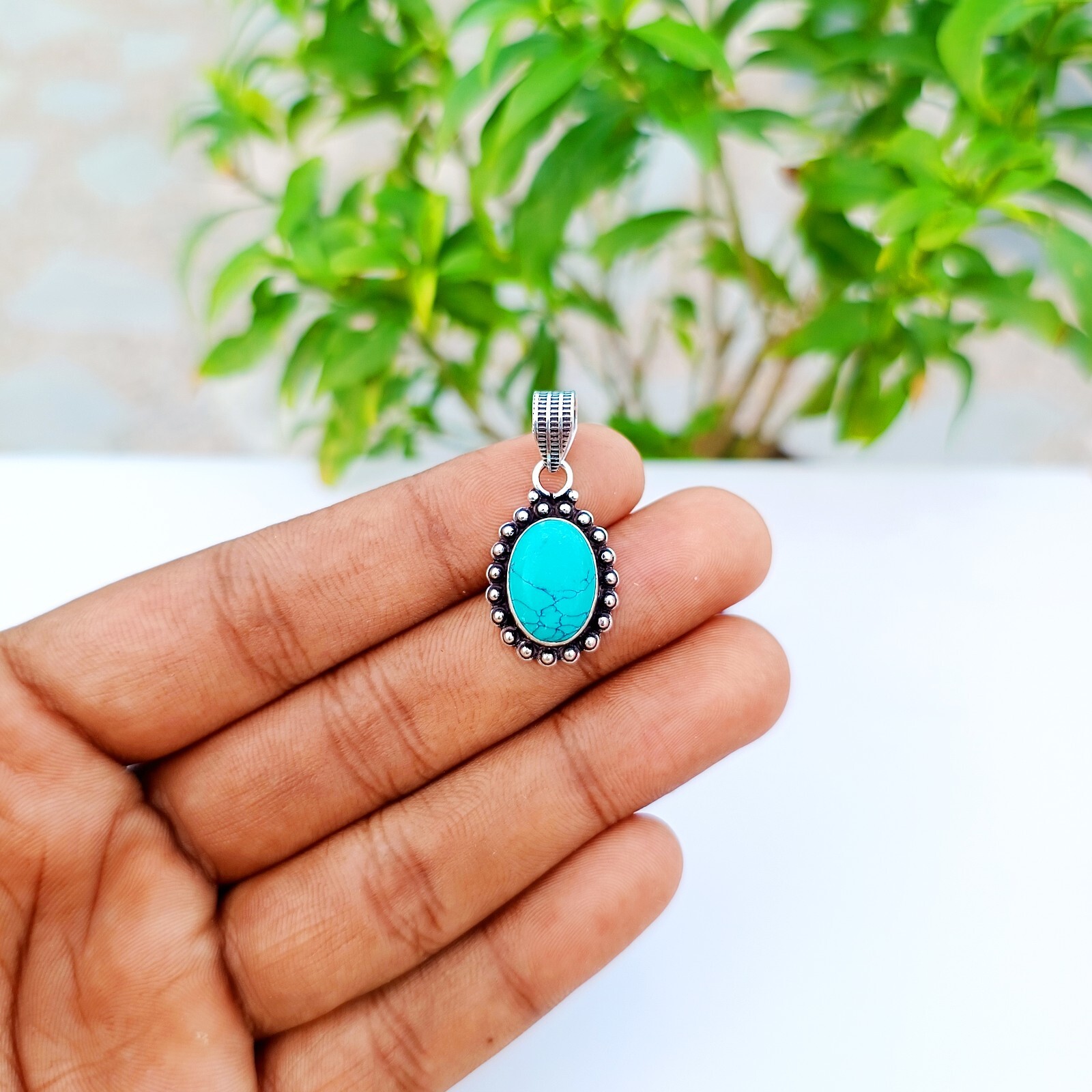 Natural Turquoise Gemstone Pendant 925 Sterling Silver Handmade Jewelry