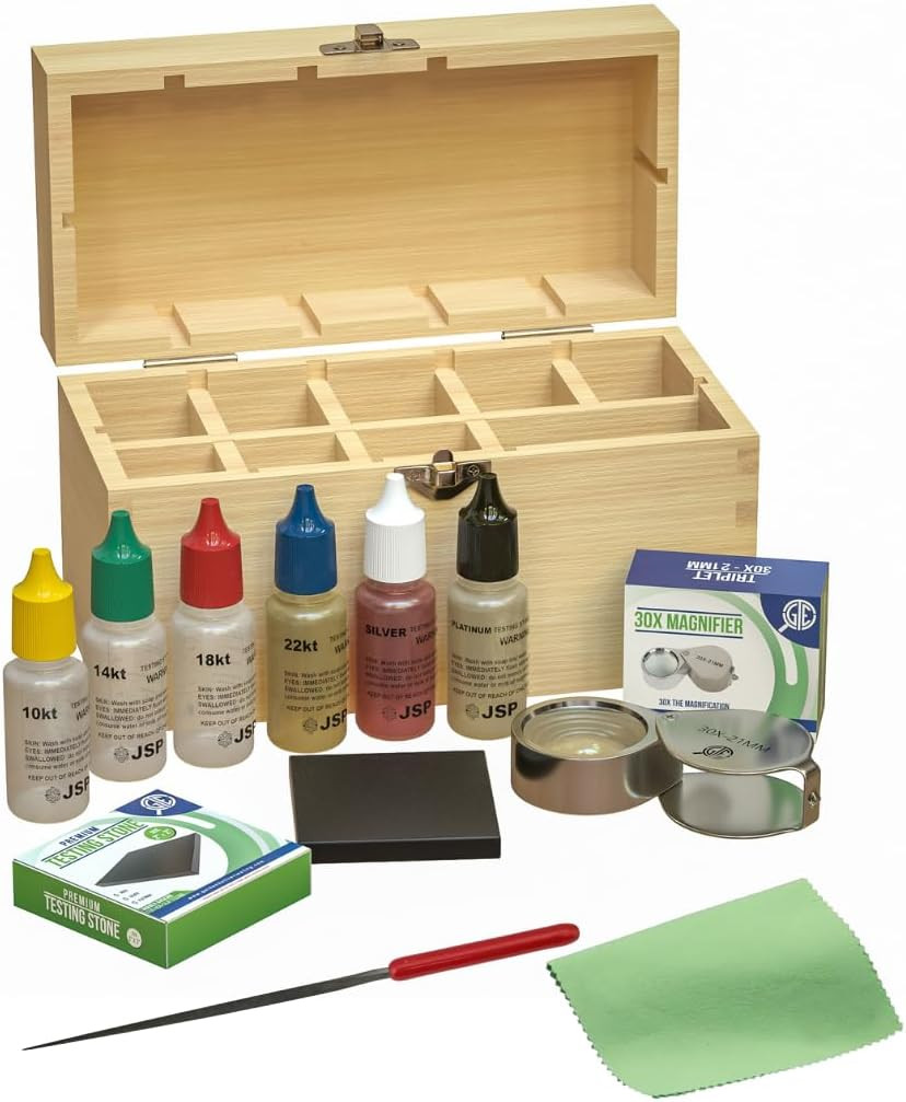 GTE Precious Metal Jewelry Testing Kit Gold Silver Platinum Test Acids Wooden Bo