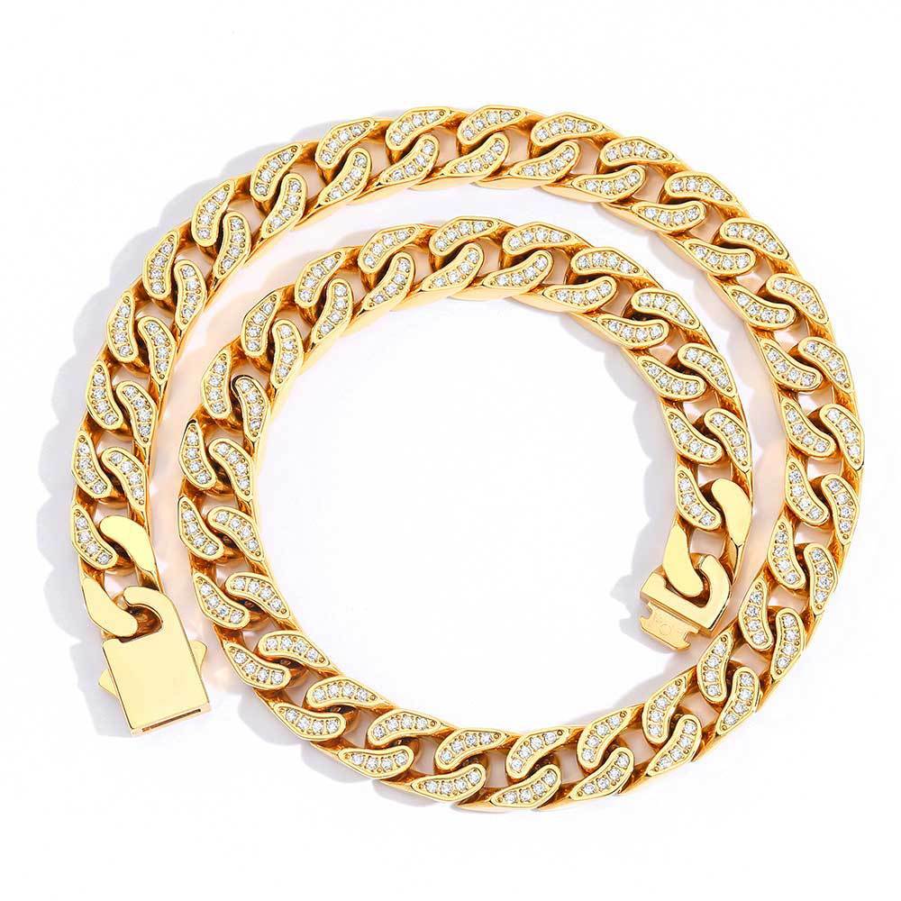 Steel Cuban Link Chain Necklace Full Zircon Mens Jewelry 12mm Hip Hop Stainless