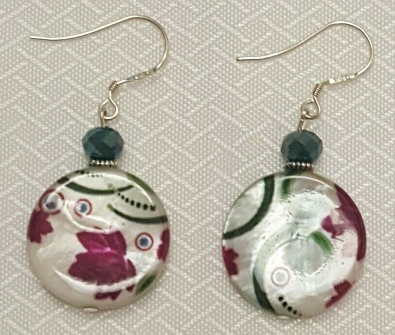 Handmade in USA. Beautiful painted Round Mother of Pearl earrings -FREE SHIPPING