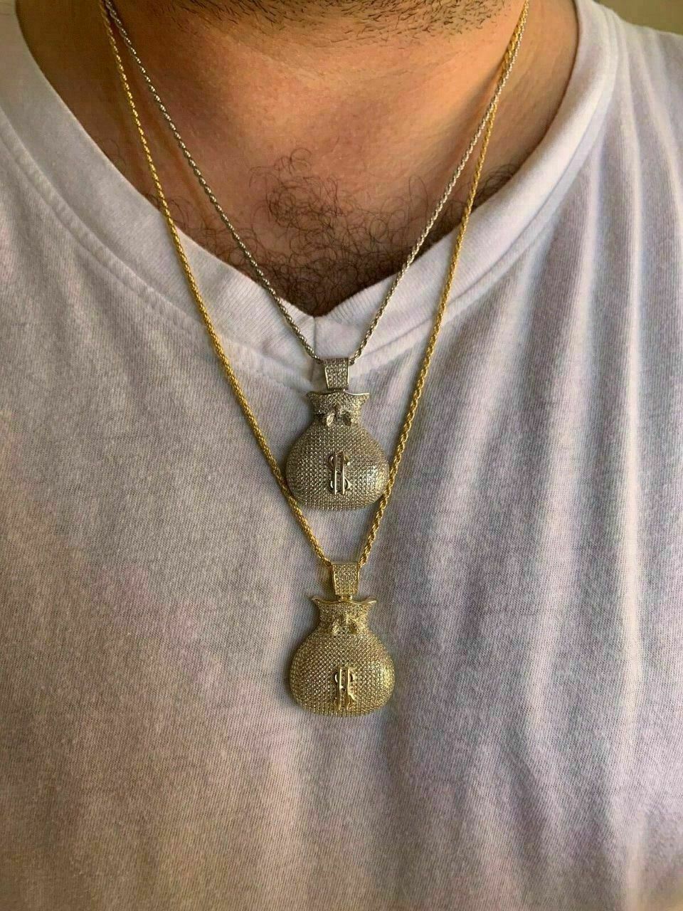 Solid 925 Silver 14k Gold Plated Money Bag CZ Dollar Sign Hip Hop Necklace