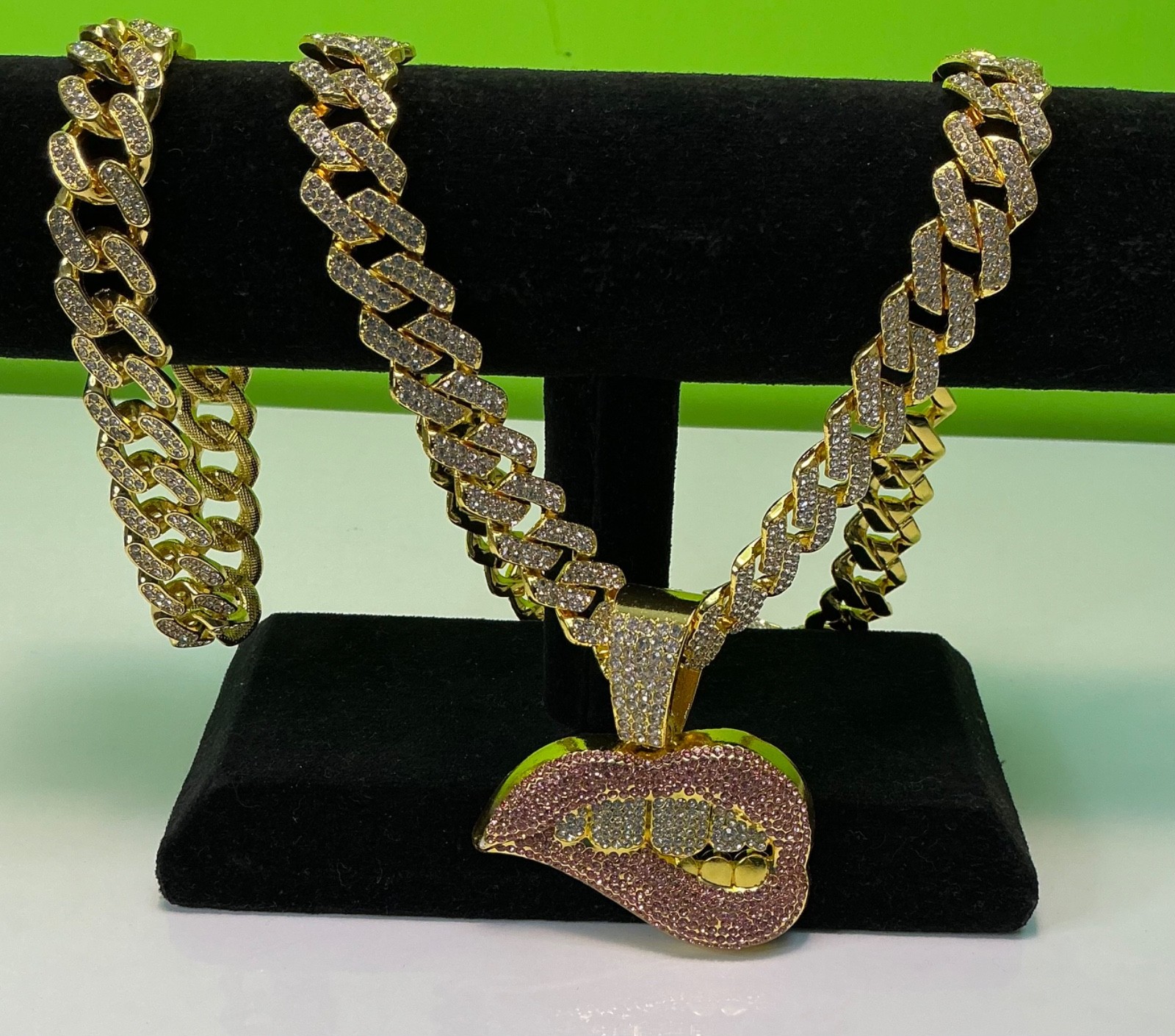 Biting Lip Pendant Necklace Bracelet Lot Hip Hop Iced 20” Inches CZ Chain Cuban