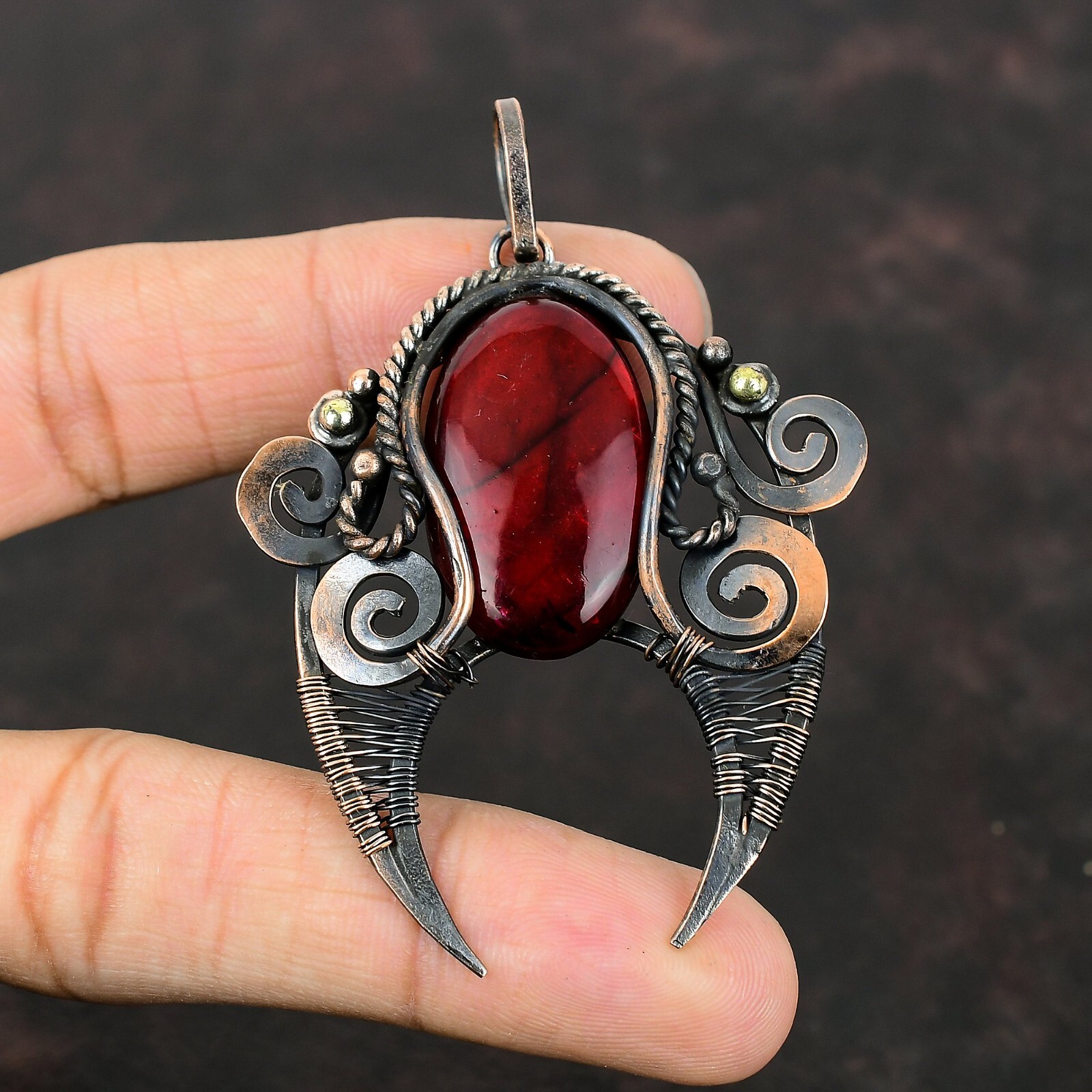 Red Fire Labradorite Wire Wrapped Pendant Handcrafted Copper Holiday 2.87″