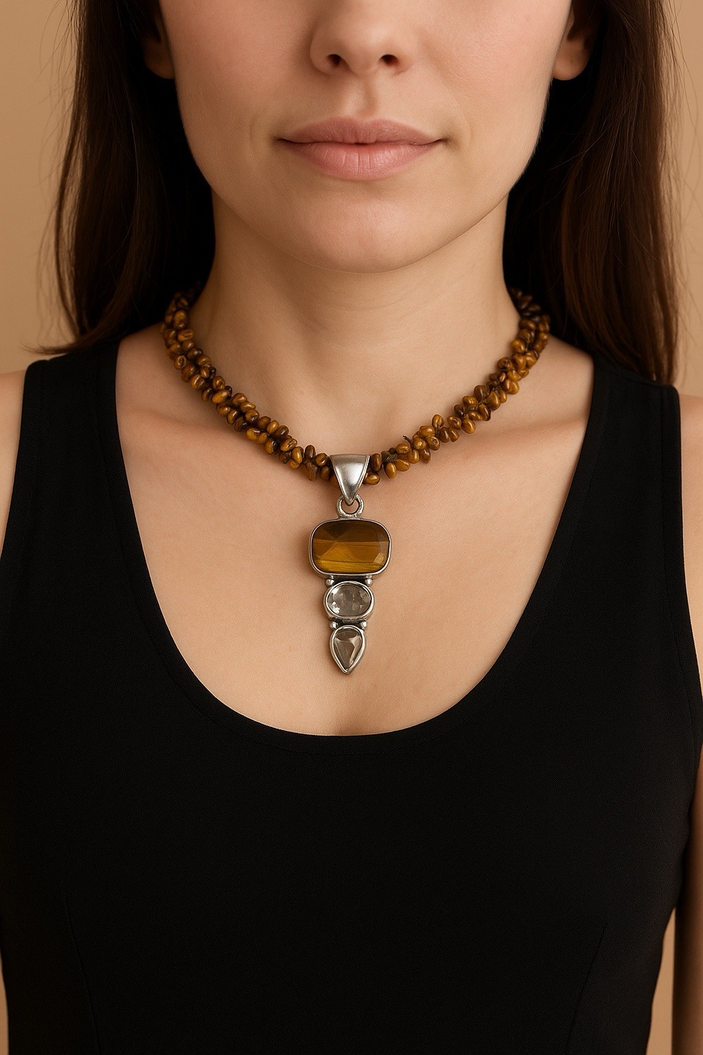 Vintage Tigers Eye Beaded Choker Pendant Necklace Estate Fine Jewelry Pre-Owned