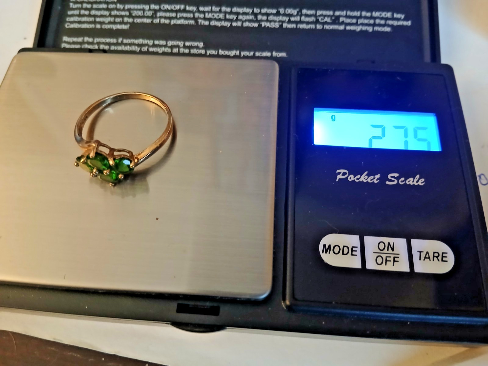 9 carat gold ring with 4 rare green garnets size u/v weight 2.75 grams
