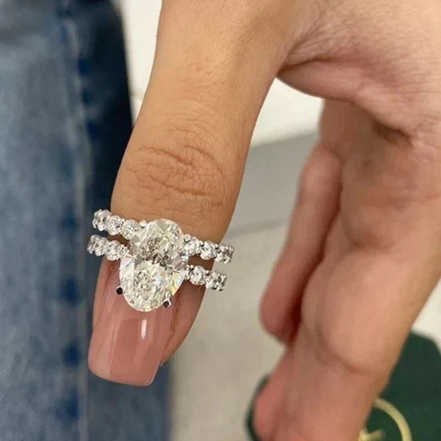 4TCW OvalCut Moissanite Bridal Set Engagement Wedding Ring 14K White Gold Plated