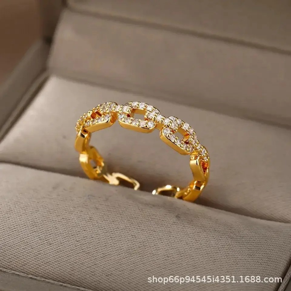 Gold stainless steel chain ring Zirconia Pave Fashion Fine Womens Jewelry Gift