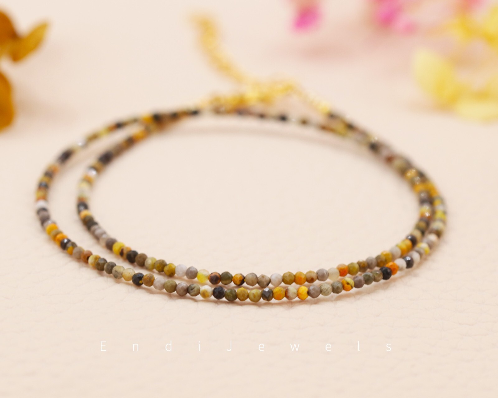 Natural Yellow Bumble Bee Jasper Tiny 2mm Faceted Beaded 15-17 Inches Choker