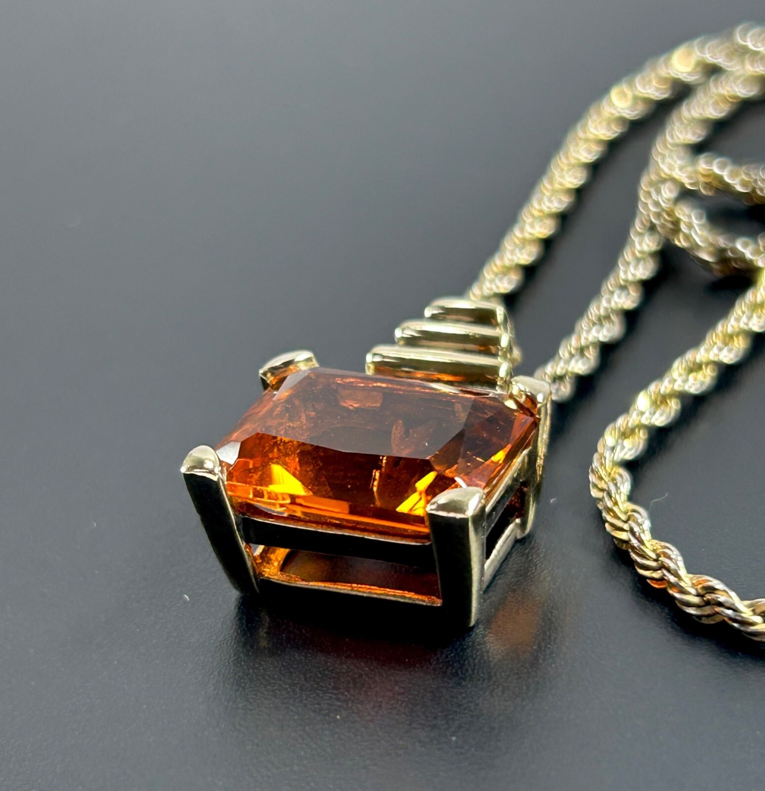 925 Sterling Silver Gold Vermeil Chain Necklace Orange Glass Pendant Statement