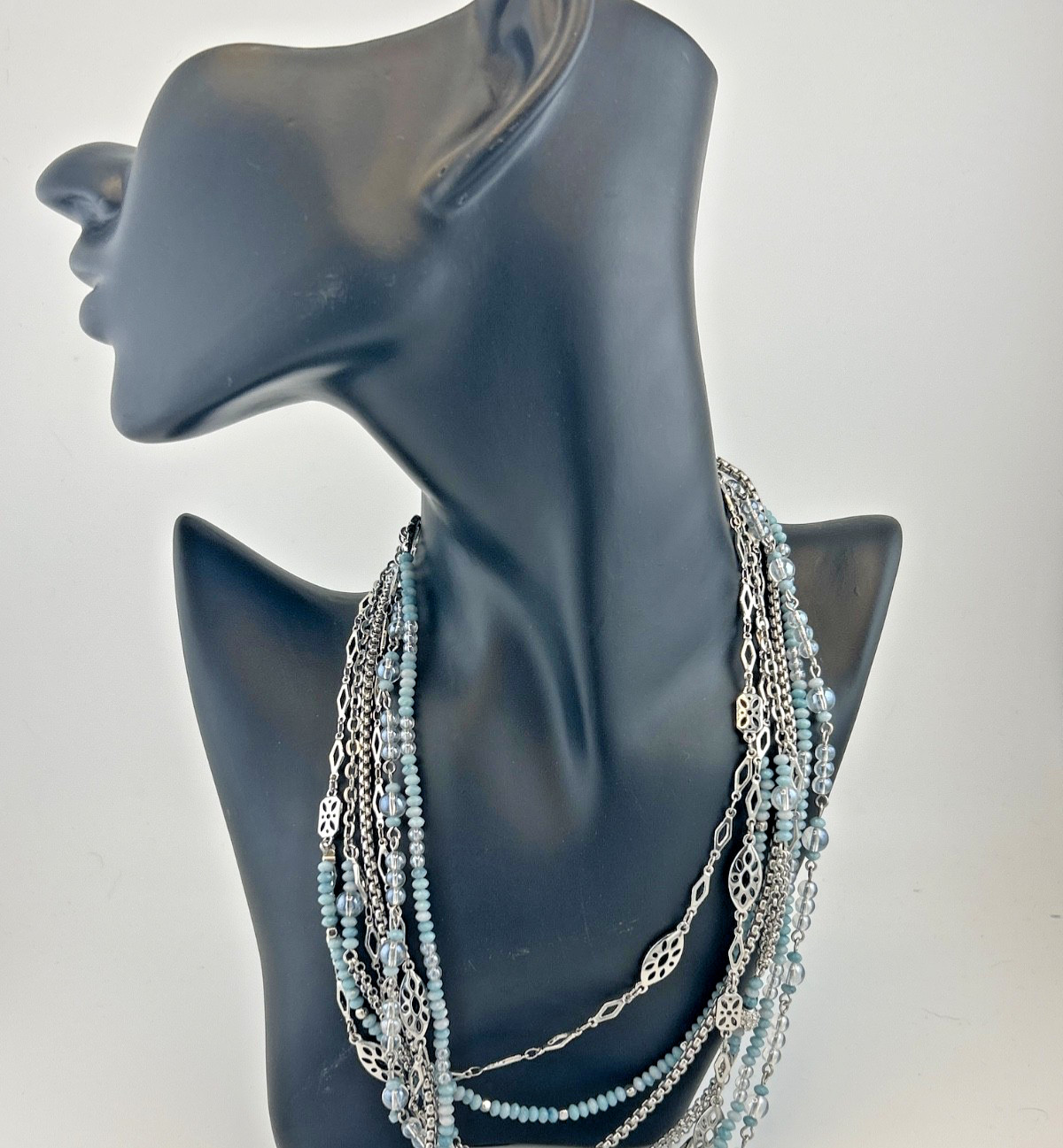 WHBM multi strand necklace. Pale Blue and icy-grey faceted seeds