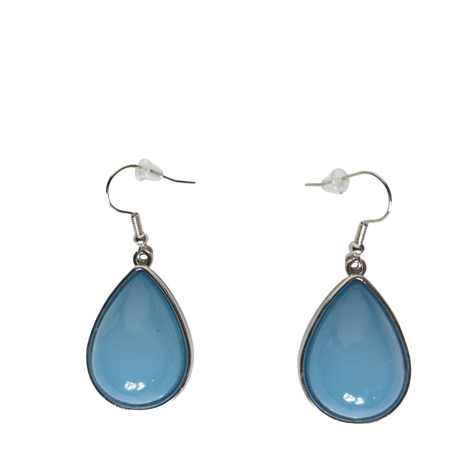 Blue Teardrop Dangle Earrings Silver Tone Coastal Beachy Boho Cabochon Jewelry