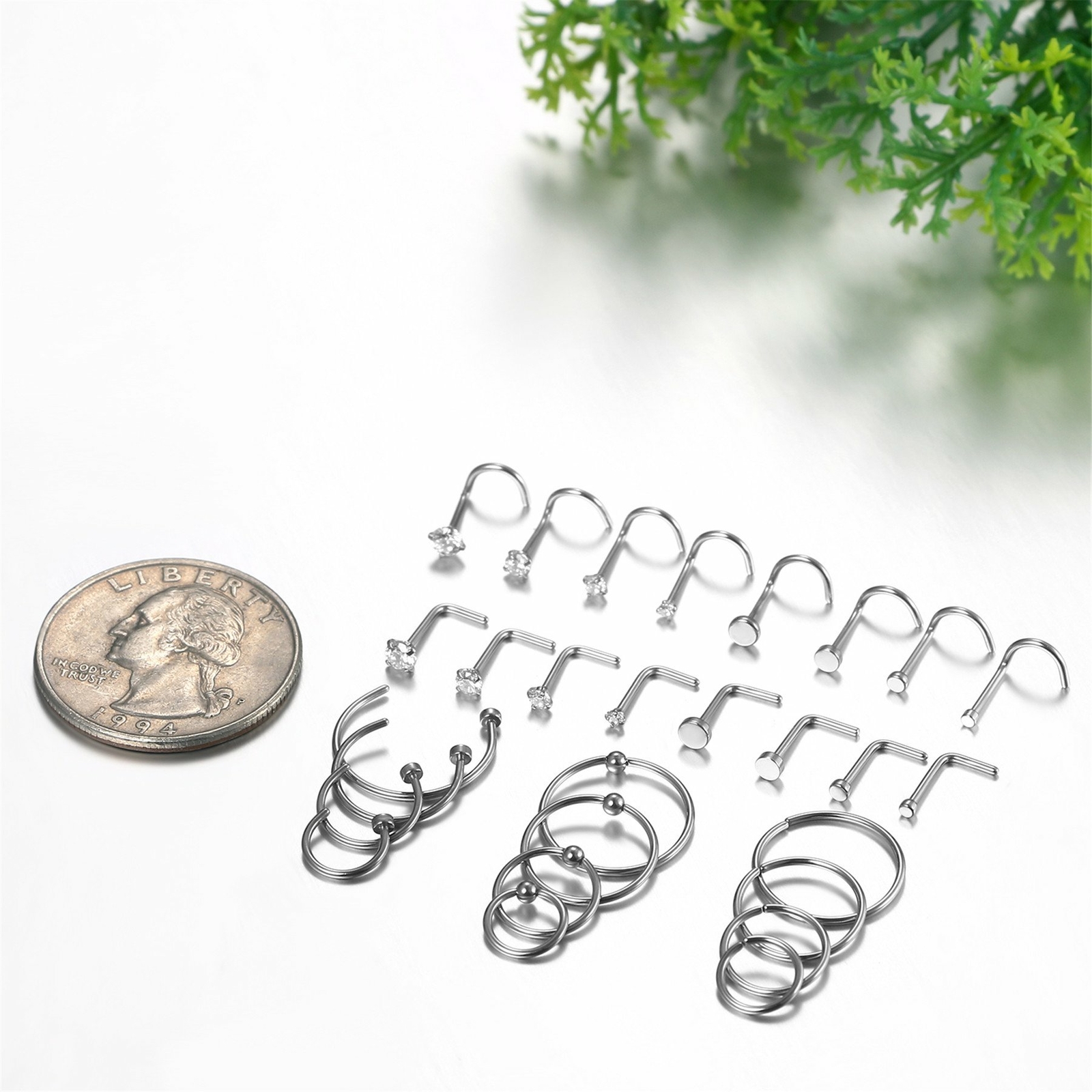 28Pcs 18G Surgical Steel CZ Nose Hoop Ring L Shape Bone Septum Piercing Jewelry