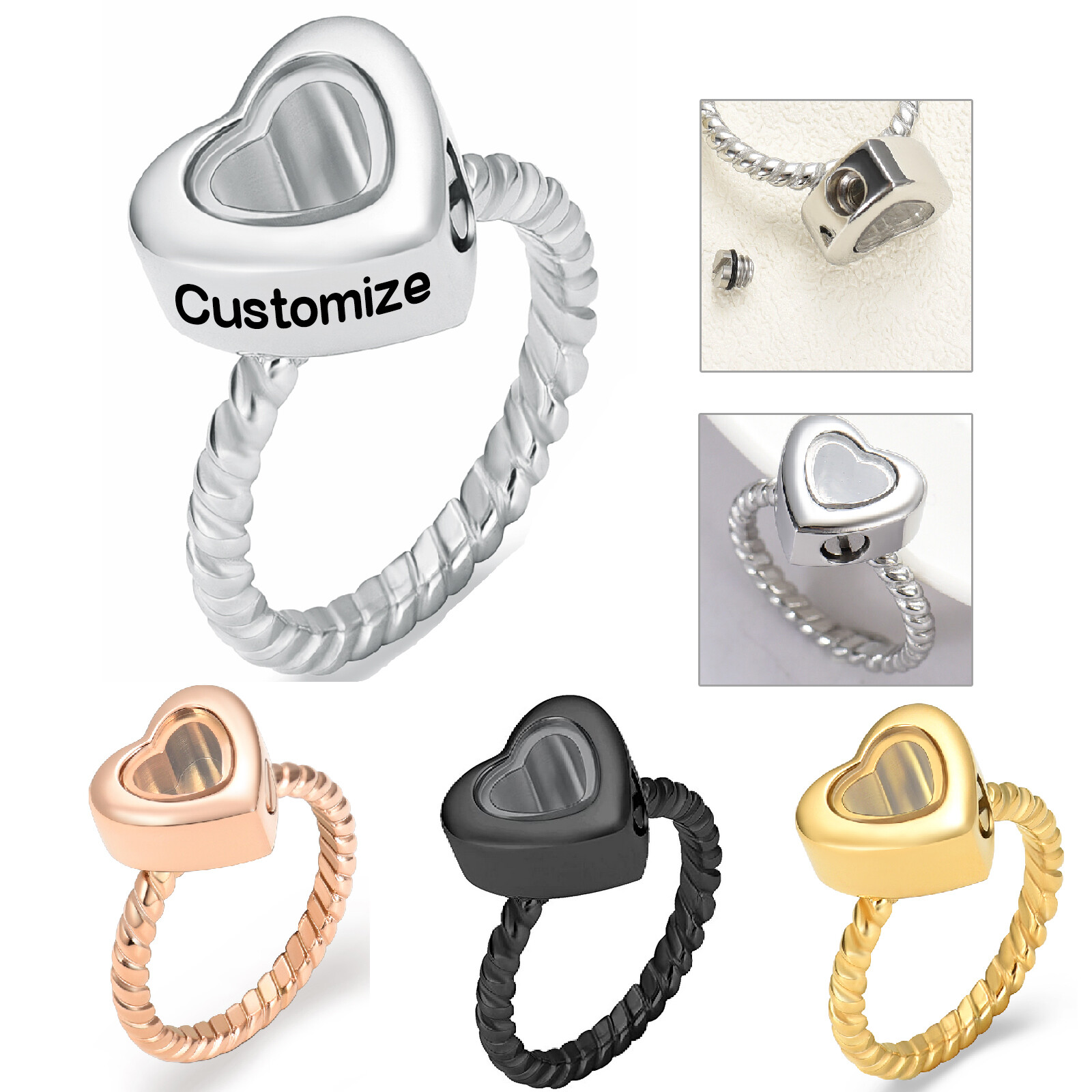Transparent Glass Heart Locket Stainless Steel Ring Cremation Jewelry for Ashes