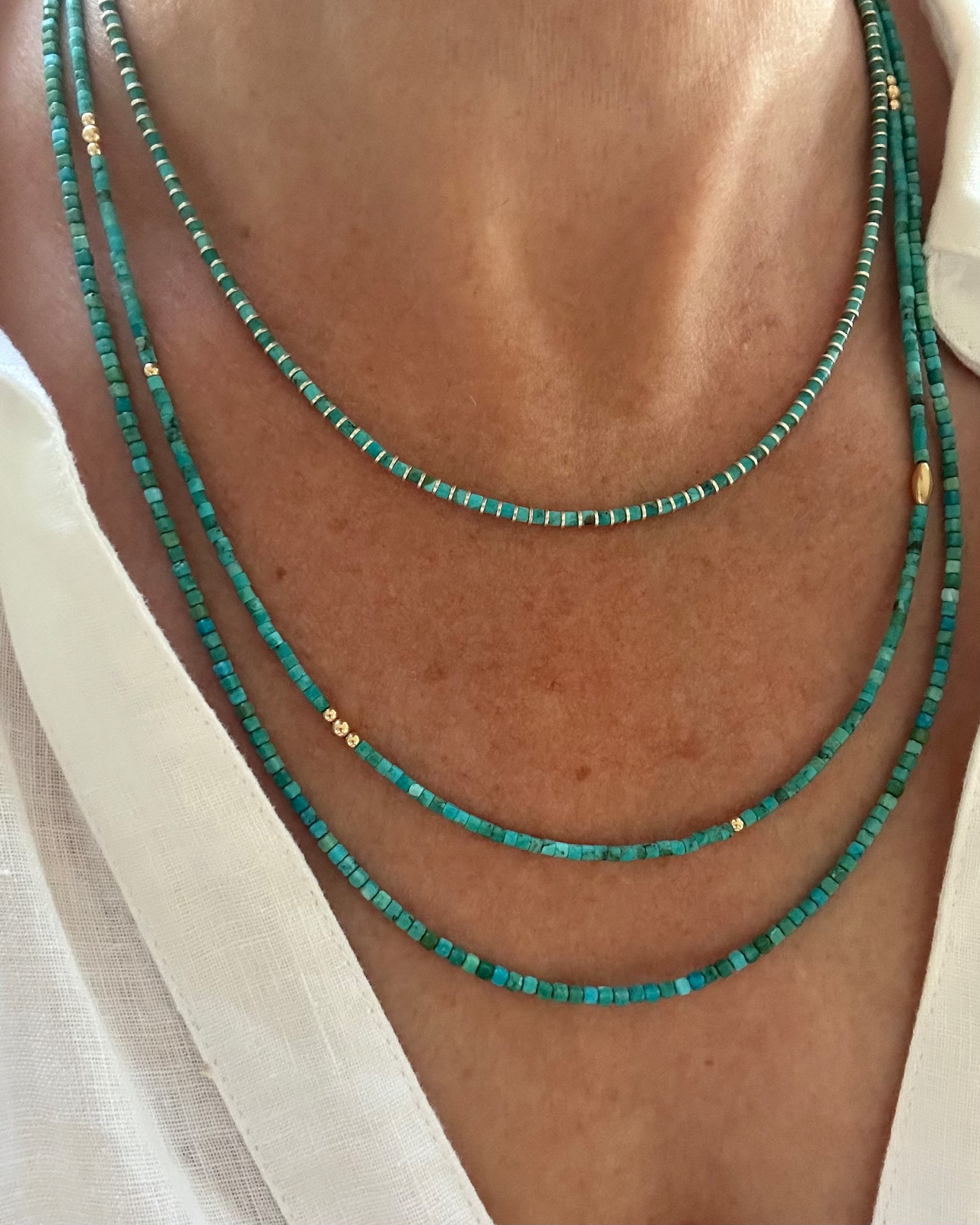 2mm Blue Turquoise Heishi Necklace & Silver Beads, Dainty Modern Contemporary