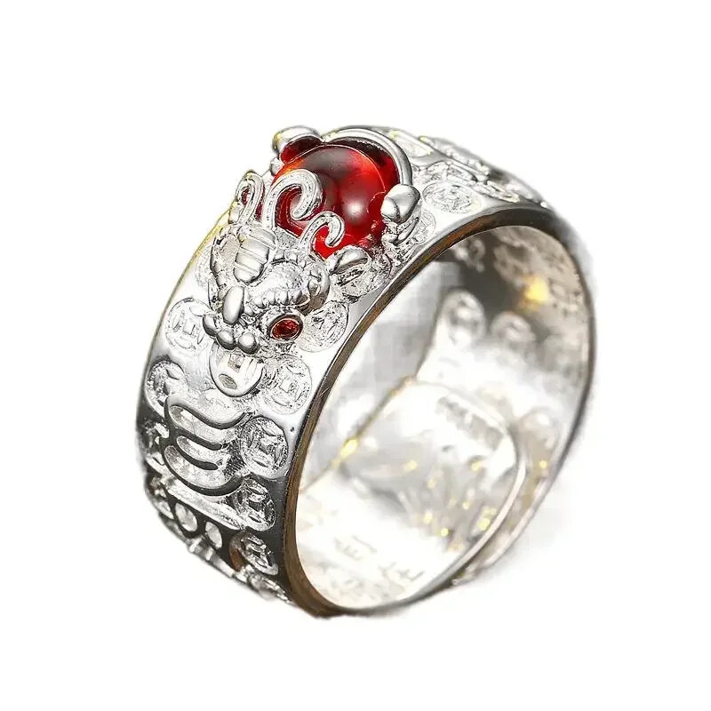 Lucky Amulet Feng Shui Pixiu Ring for Women Men Retro Silver Plated Adjustable