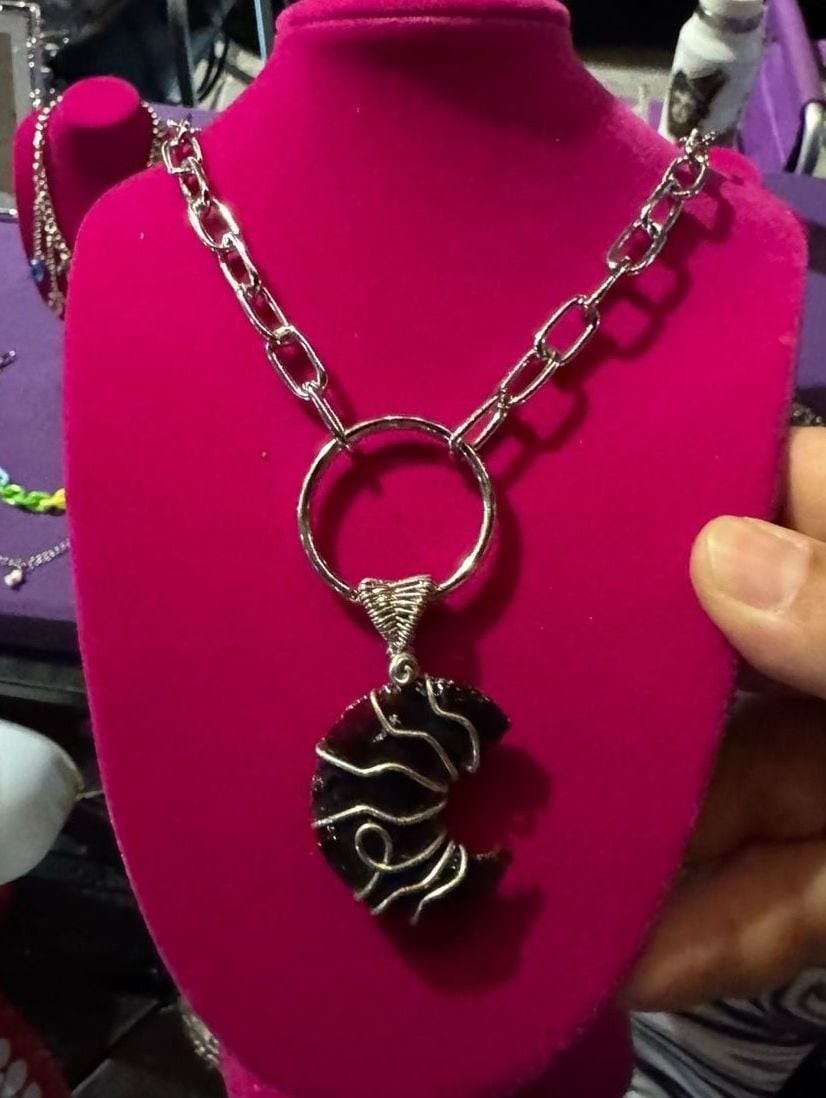 Wire-Wrapped Black Obsidian Crescent Moon Pendant Necklace